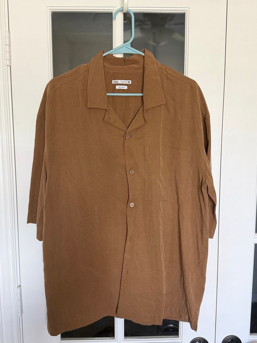 Zara Men’s Relaxed Fit Linen Blend Camp Collar Button Front Shirt Brown L NWT